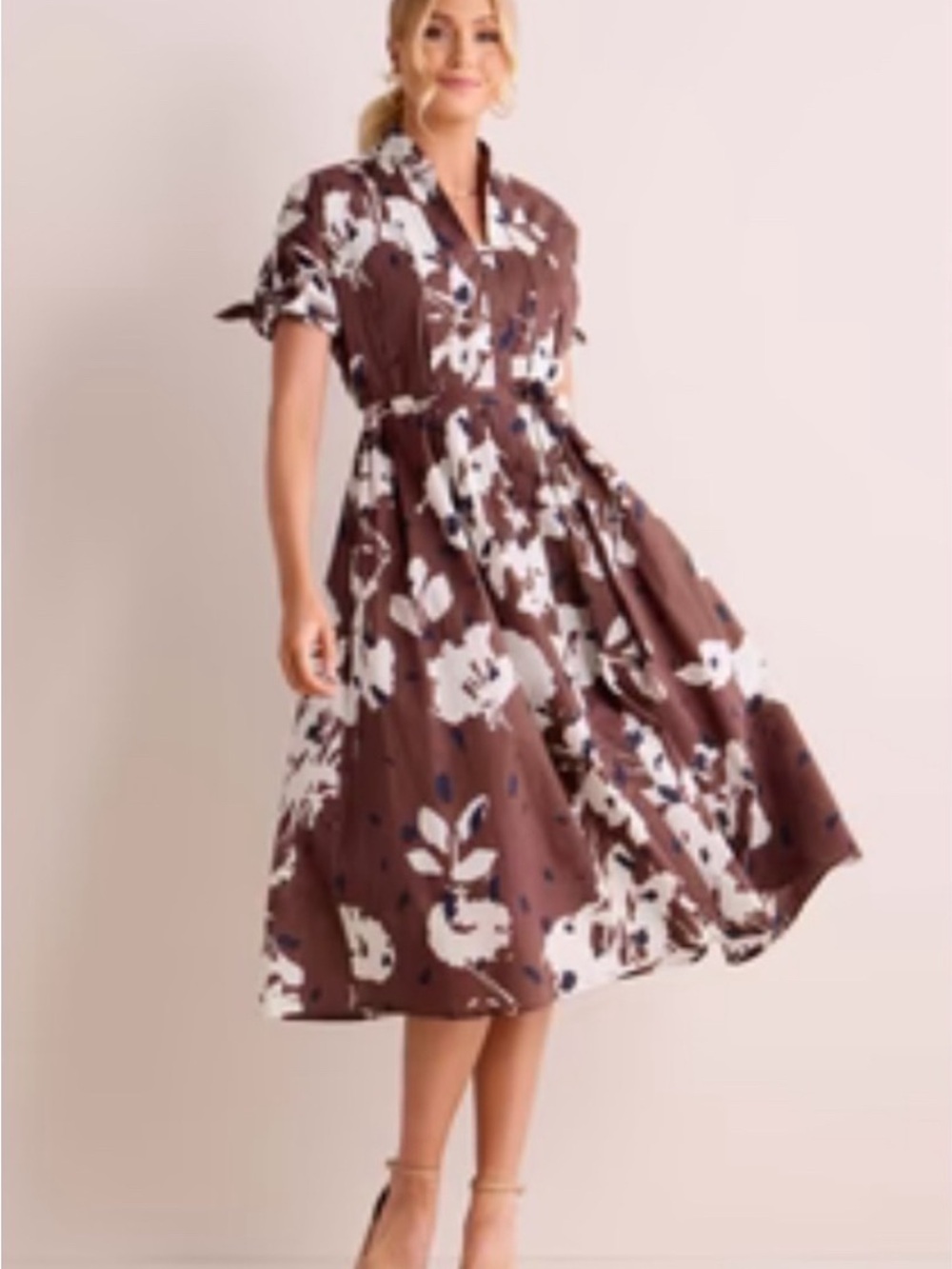 entro Brown and White Floral Tie-Sleeve Midi Dress